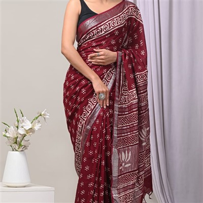 Crimson Geometric Block Printed Linen Saree with Circular Motif Border