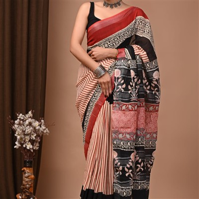 Black Geometric Blossom Linen Saree Set
