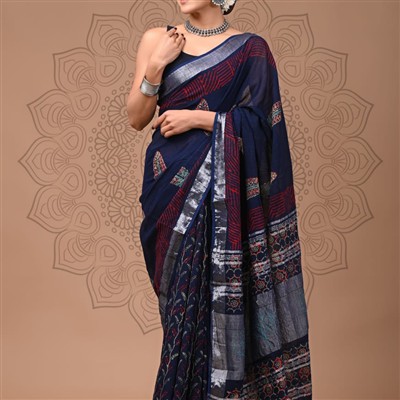 Hand Block Printed Silver Border Linen Saree Set