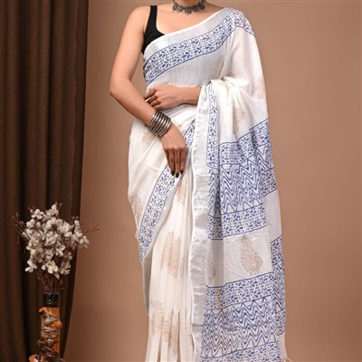 Hand Block Printed Blue and Beige Linen Saree with Floral Pallu