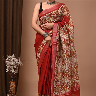 Hand Block Printed Linen Saree with Mustard Floral Border
