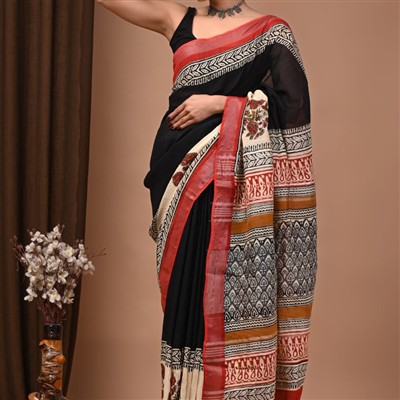 Handcrafted Crimson Floral Linen Saree with Red Border
