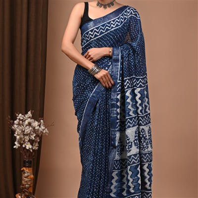 Handcrafted Navy Zigzag Linen Saree with Floral Pallu