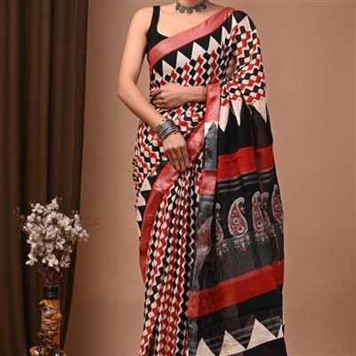 Geometric Paisley Black Red Cotton Saree