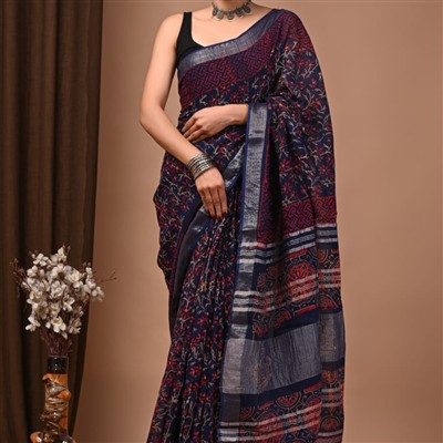 Navy Floral Geometric Linen Saree with Silver Border
