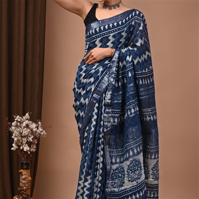Indigo Floral Hand Block Print Linen Saree