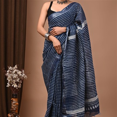 Handcrafted Navy Blue Striped Linen Saree with Intricate Border