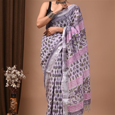 Lavender Floral Hand Block Linen Saree with Pink Accents