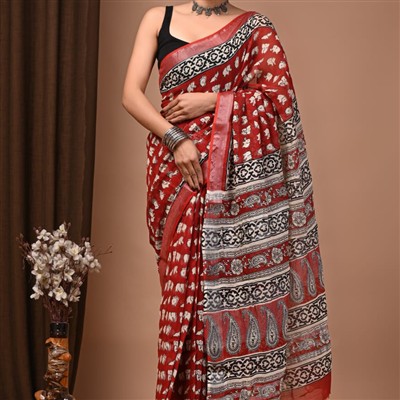 Hand Block Printed Red Linen Saree with Black & White Floral Border