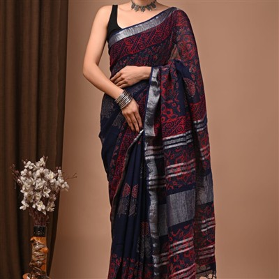 Silver Sheen Floral Navy Linen Saree