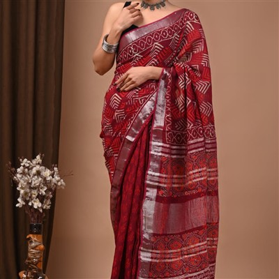 Crimson Zari Border Silk Saree with Floral Pallu