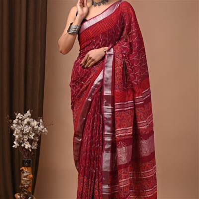 Silver Border Geometric Red Linen Saree Set