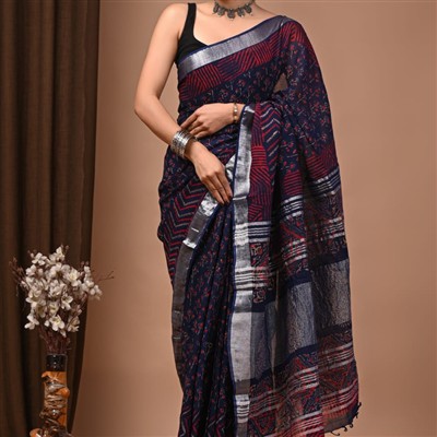 Silver Sheen Geometric Linen Saree with Red Florals