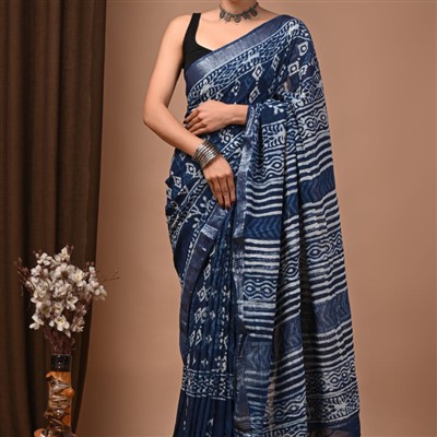 Indigo Geometric Hand Block Linen Saree with Intricate Pallu