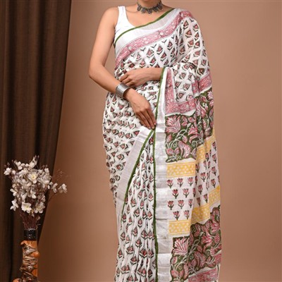 Hand Block Printed Linen Saree in Green and Pink Floral Motifs