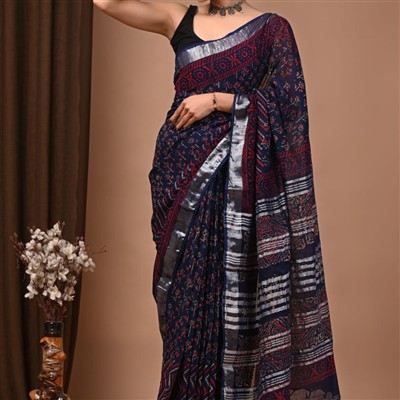 Silver Floral Geometric Linen Saree with Red Accents