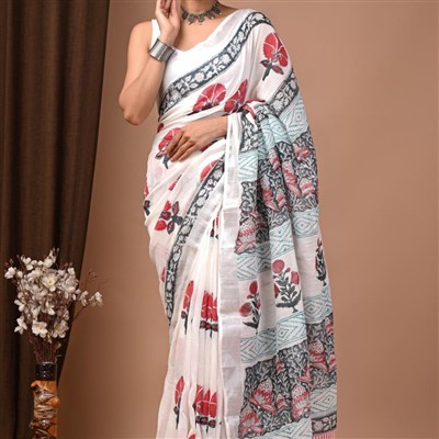 Hand Block Printed Floral Linen Saree with Intricate Border