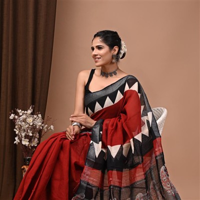 Hand Block Printed Linen Saree with Paisley Border