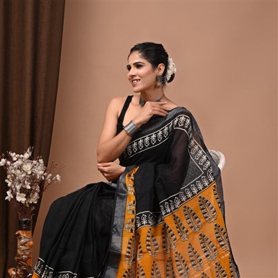 Mustard Leaf Motif Linen Saree with Black Border