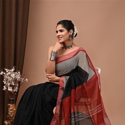 Hand Block Printed Red Border Saree in Black and Cream Stripes