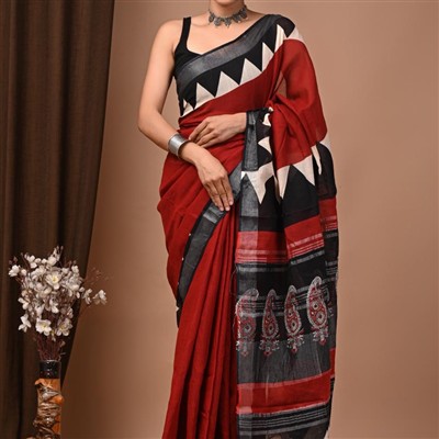 Hand Block Printed Linen Saree with Paisley Border