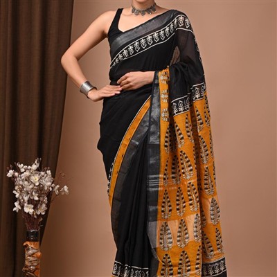 Hand Block Printed Mustard Floral Linen Saree