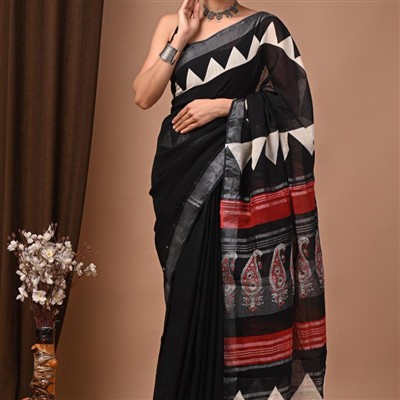 Hand Block Printed Monochrome Linen Saree with Red Paisley Accents
