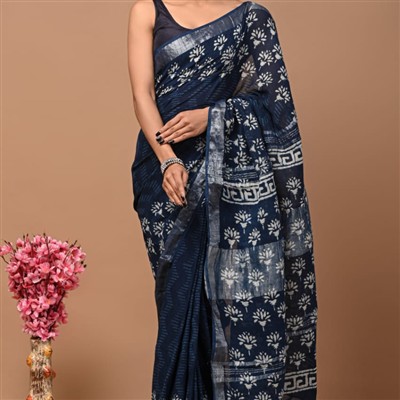 Hand Block Printed Navy Blue Linen Saree with Geometric Silver Border