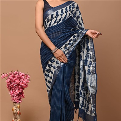 Indigo Floral Linen Saree with Silk Border and Tassels