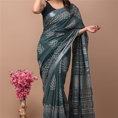 Hand Block Printed Teal Linen Saree with Silver Floral Motifs