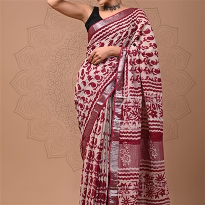 Maroon Blossom Hand Block Linen Saree