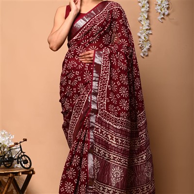 Silver Border Maroon Linen Saree with Floral Motifs