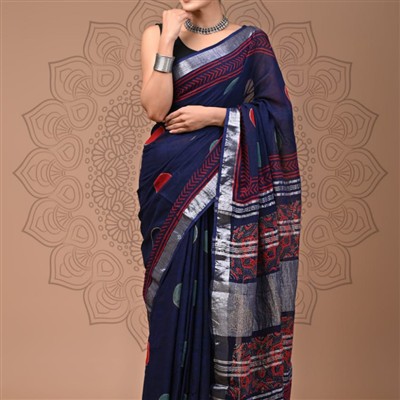 Silver Border Geometric Red Floral Linen Saree Set