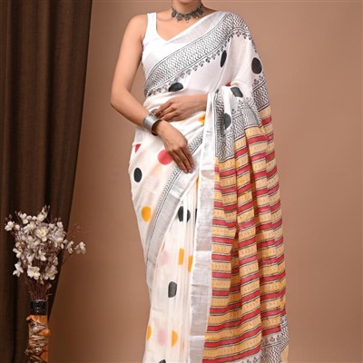 Handcrafted Crimson Striped Linen Saree