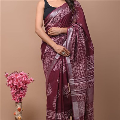 Silver Border Maroon Floral Hand Block Printed Linen Saree