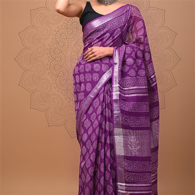 Silver Leaf Motif Linen Saree with Striped Pallu