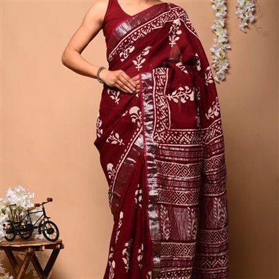 Crimson Floral Linen Saree with Geometric Border