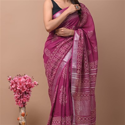 Magenta Paisley Charm Linen Saree Set