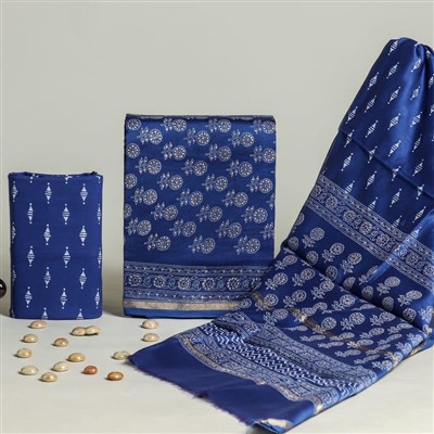 Silver Blossom Chanderi Silk Dress Material Set