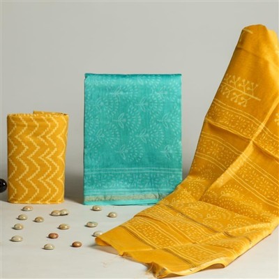 Chanderi Silk Mustard Floral Artisanal Dress Material Set