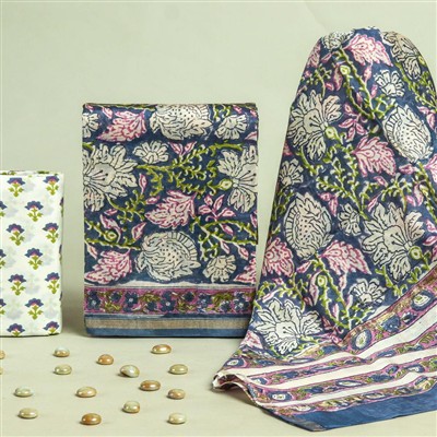 Indigo Floral Chanderi Silk Dress Material Set