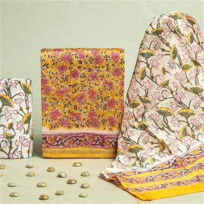 Hand Block Printed Chanderi Silk Dress Material Set in Pink Floral Elegance