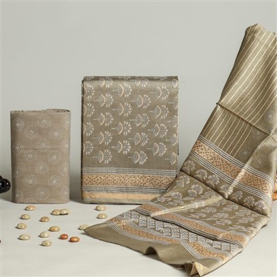 Chanderi Silk Artisanal Olive Green Dress Material Set