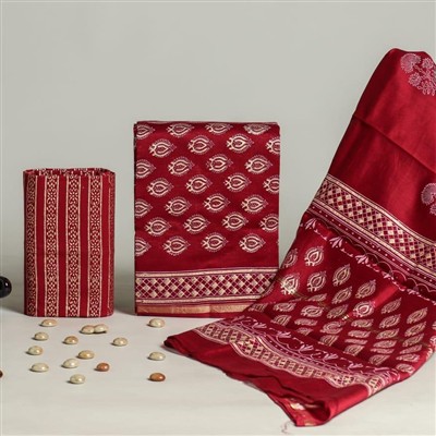 Golden Floral Chanderi Silk Dress Materials Set