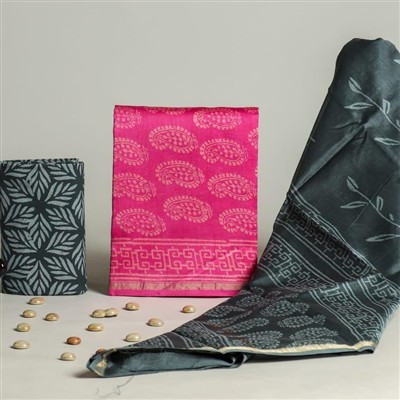 Handcrafted Chanderi Silk Dress Material Set with Floral Charm