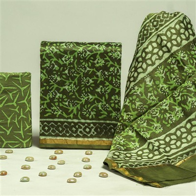 Golden Olive Hand Block Printed Chanderi Silk Dress Set