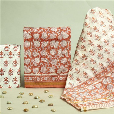Rust-Orange Floral Chanderi Silk Dress Set