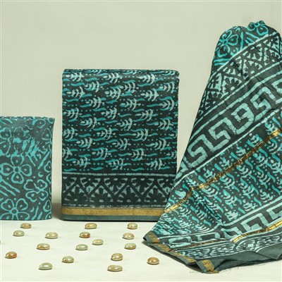Teal Chanderi Silk Artisanal Dress Material Set
