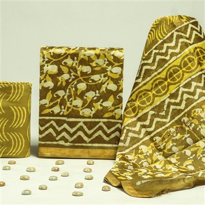 Hand Block Printed Chanderi Silk Ensemble in Mustard and Brown