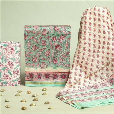 Handcrafted Pink Floral Chanderi Silk Dress Material Set